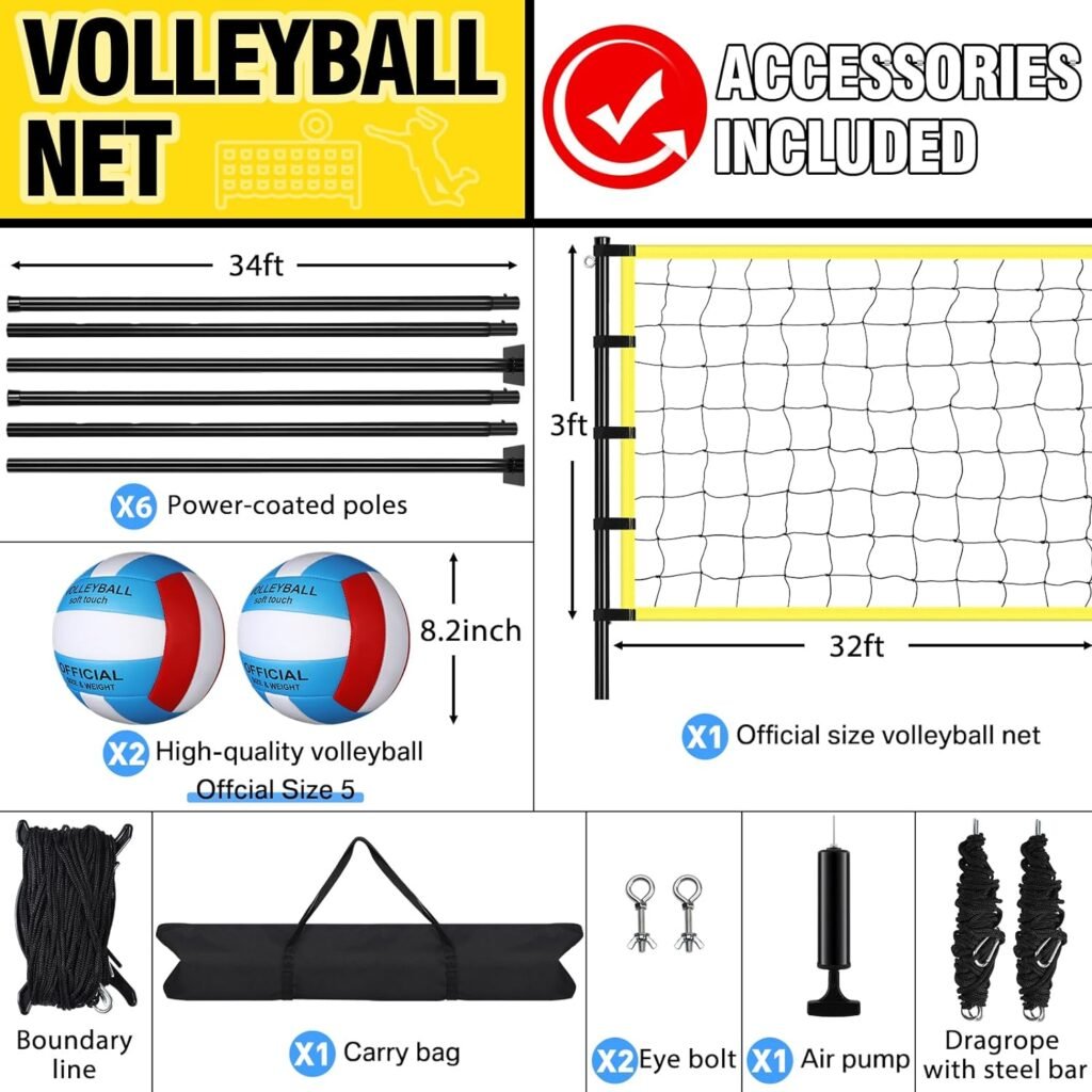 Leyndo Volleyball Net Sets Adjustable Height Poles, 2 Volleyballs with Pump, Boundary Marker Rope Portable Carrying Bag Regulation Size 32 x 3 ft Net Outdoor Beach Backyard Badminton Net System