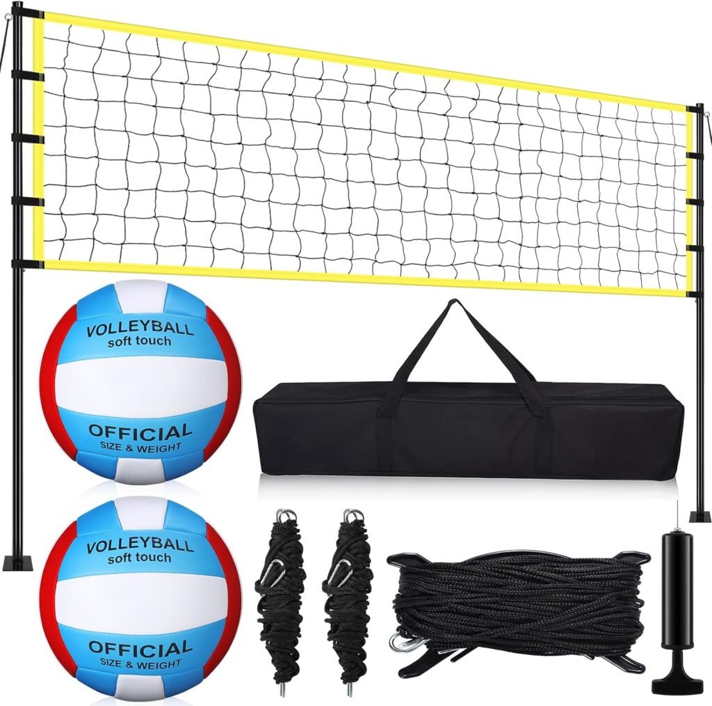 Leyndo Volleyball Net Sets Adjustable Height Poles, 2 Volleyballs with Pump, Boundary Marker Rope Portable Carrying Bag Regulation Size 32 x 3 ft Net Outdoor Beach Backyard Badminton Net System