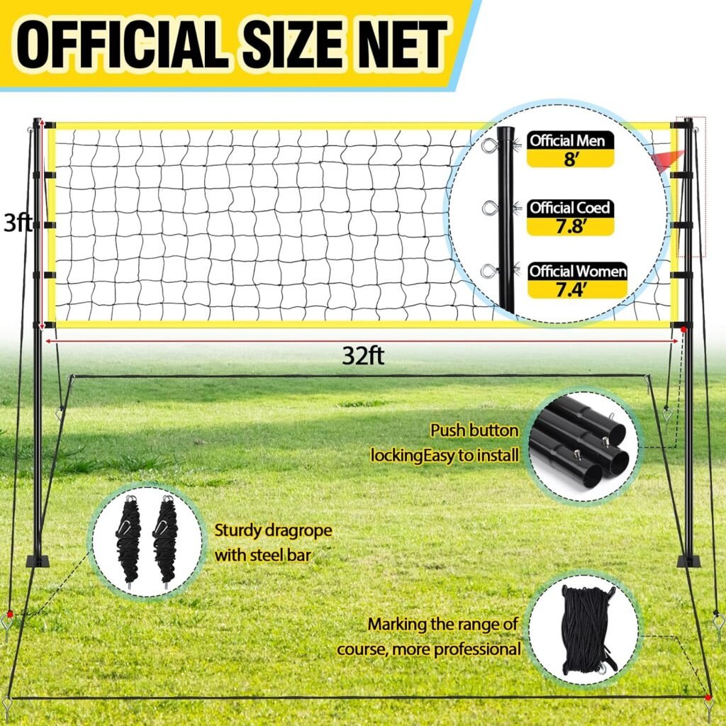 Leyndo Volleyball Net Sets Adjustable Height Poles, 2 Volleyballs with Pump, Boundary Marker Rope Portable Carrying Bag Regulation Size 32 x 3 ft Net Outdoor Beach Backyard Badminton Net System