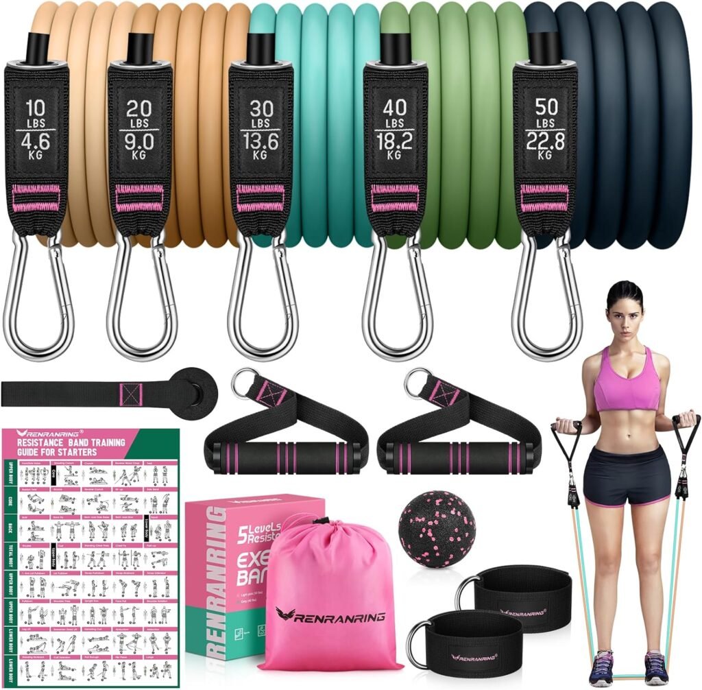 RENRANRING Resistance Bands for Working Out, 150LBS Exercise Bands, Workout Bands, Resistance Bands Set with Handles for Men Women, Legs Ankle Straps for Muscle Training, Shape Body, Physical Therapy