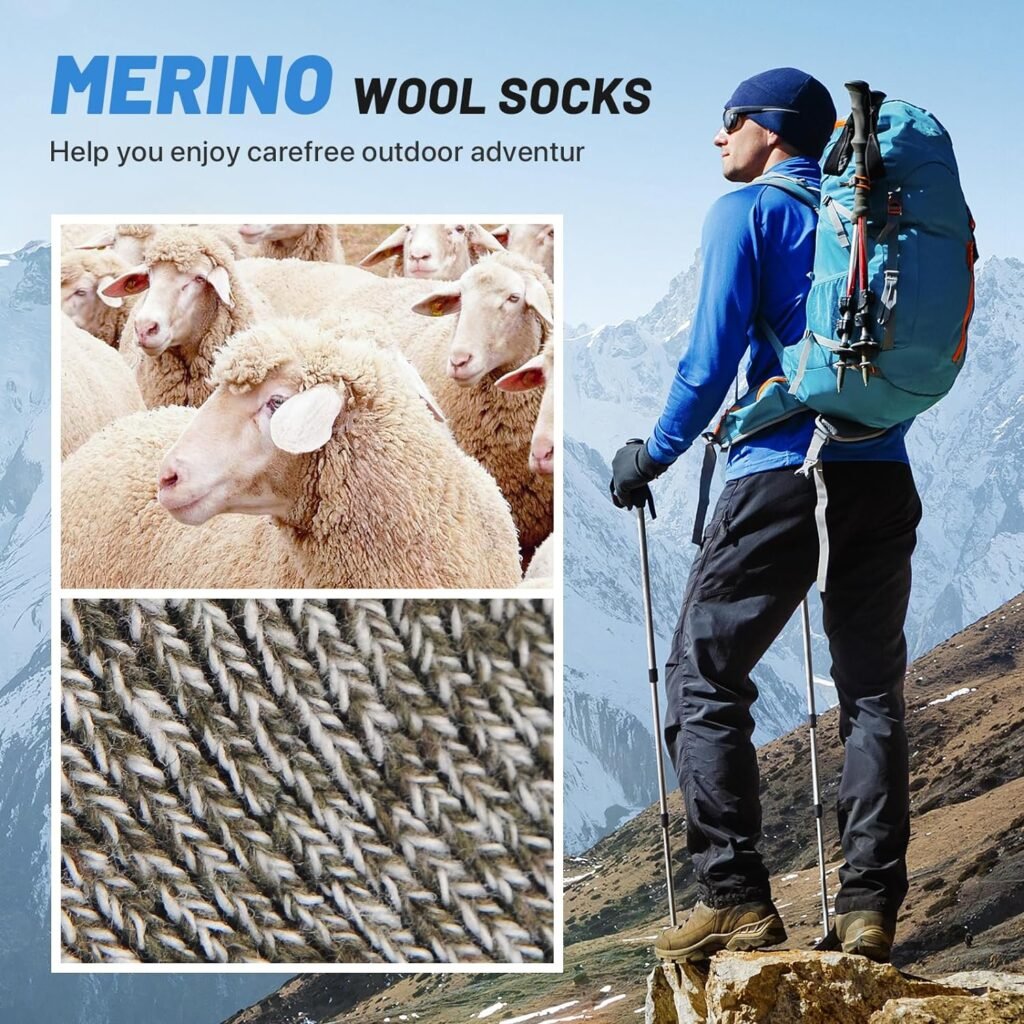 SIMIYA 5 Pairs Merino Wool Socks Mens, Super Thick Mens Hiking Socks Thermal Wool Socks for Cold Weather(USA Size 7-13)