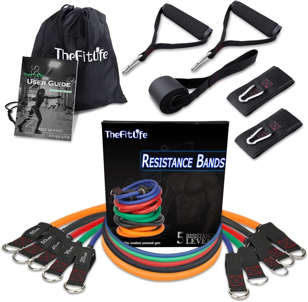 TheFitLife Exercise Resistance Bands with Handles - 5 Fitness Workout Bands Stackable up to 110/150/200/250/300 lbs, Training Tubes with Large Handles, Ankle Straps, Door Anchor, Carry Bag