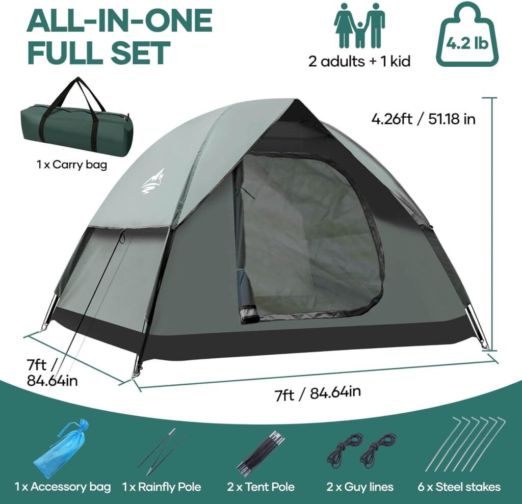 2-3 Person Camping Tent, Tents for Camping with Removable Rainfly, Family Dome Easy Set Up Tent, Lightweight Tent for Camping, Traveling, Hiking, Outdoor