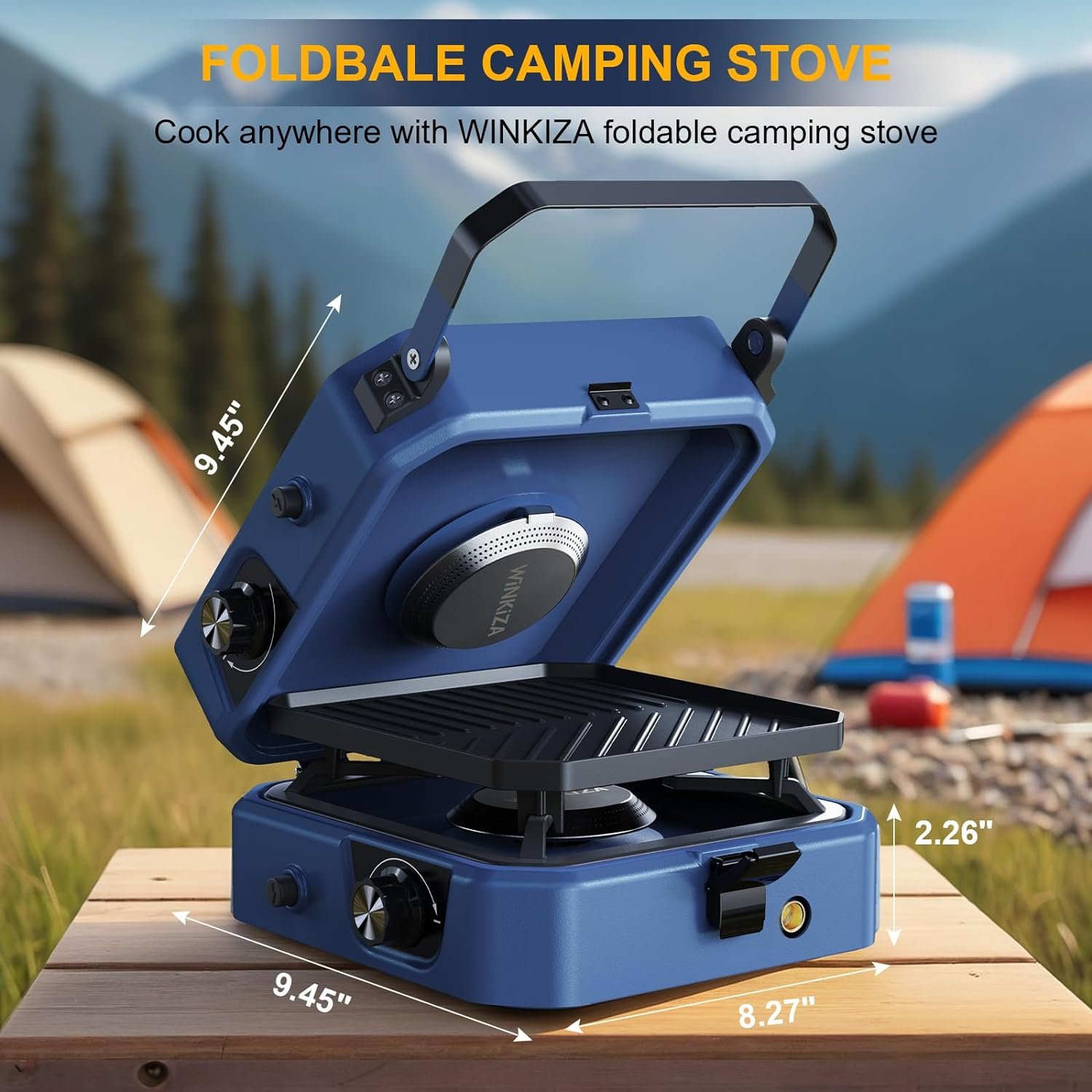 2 Burner Propane Camping Stove with Grill, Foldable Camp Stove with 16,000 BTU, Two Adjustable Burners with Piezo Ignition  Easy Carrying Handle, Portable Stove for Camping, BBQ, Emergency