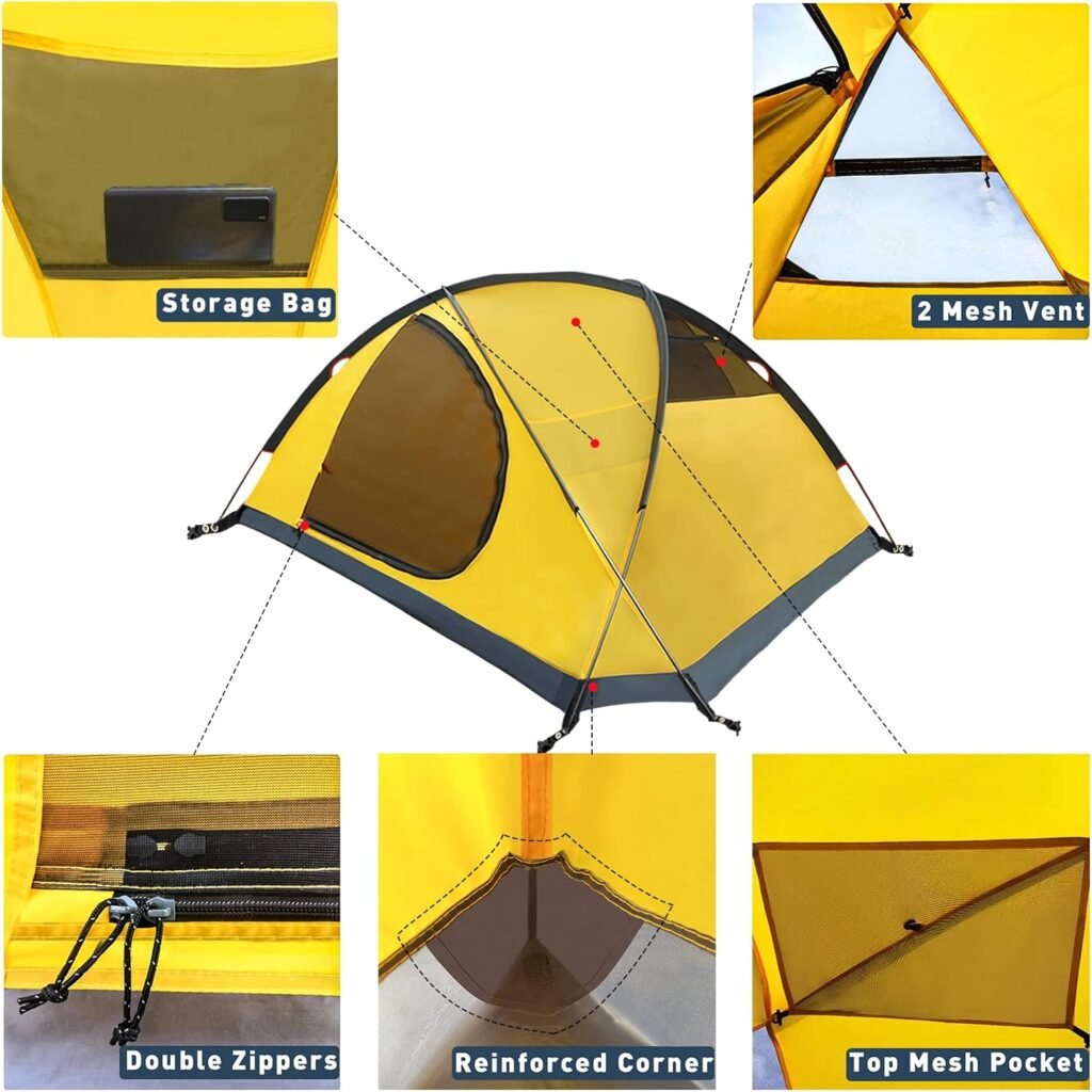 2 Person Camping Tent with 3 Aluminum Alloy Poles, 4 or 3 Season Waterproof Tent, Double Layer,Easy Setup, 2 Doors for Outdoor Hiking,Mountaineering,Survival,Travel