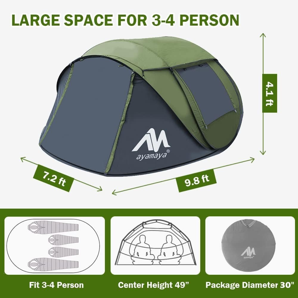 4 Person Pop Up Tents for Camping - AYAMAYA Waterproof Instant Family Tents with Skylight  Removable Rainfly, Upgraded Large Size with 2 Doors -Automatic Easy Setup Beach Tent with Poles