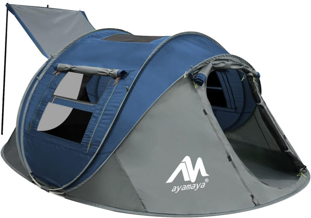 4 Person Pop Up Tents for Camping - AYAMAYA Waterproof Instant Family Tents with Skylight  Removable Rainfly, Upgraded Large Size with 2 Doors -Automatic Easy Setup Beach Tent with Poles