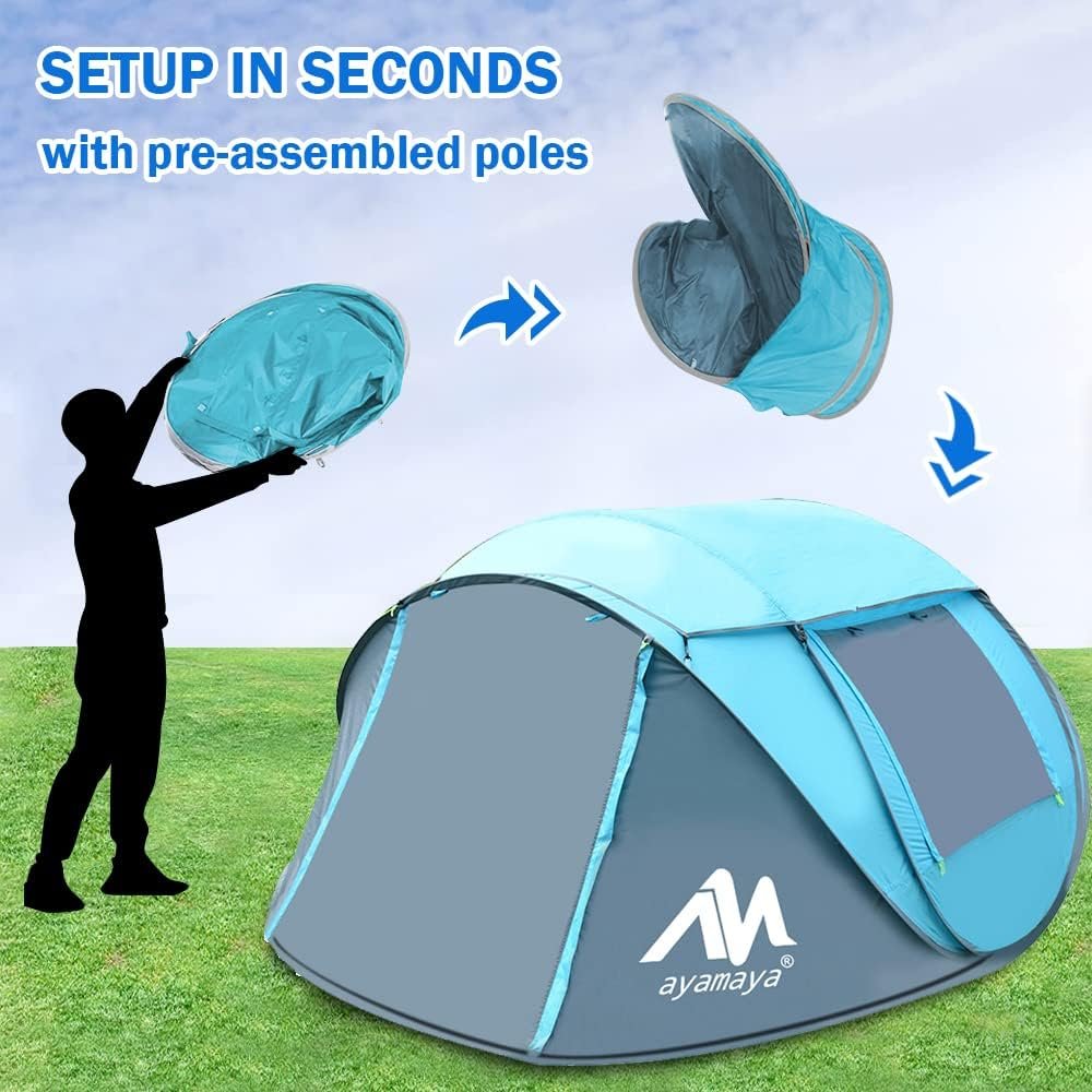 4 Person Pop Up Tents for Camping - AYAMAYA Waterproof Instant Family Tents with Skylight  Removable Rainfly, Upgraded Large Size with 2 Doors -Automatic Easy Setup Beach Tent with Poles