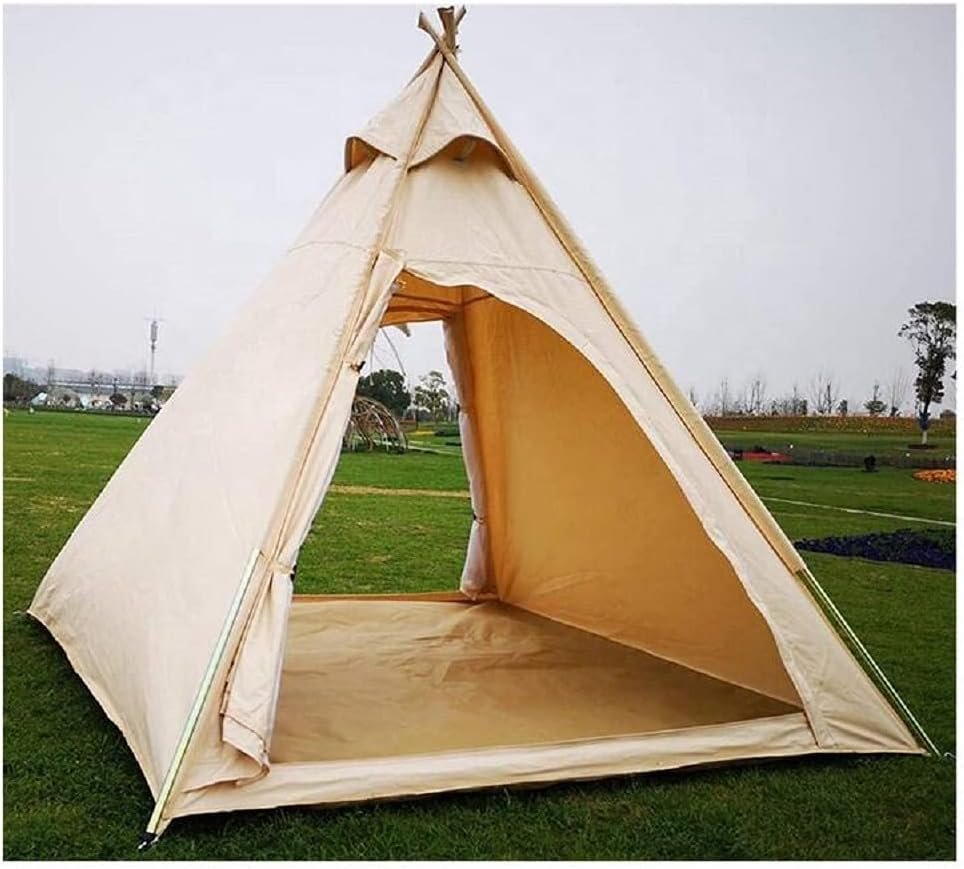 7’x7’x6.5’Outdoor Cotton Canvas 2-3 Person 3 Seasons Bell Teepee Tent with Double Door Spire Tent Pyramid Tents for Family Camping