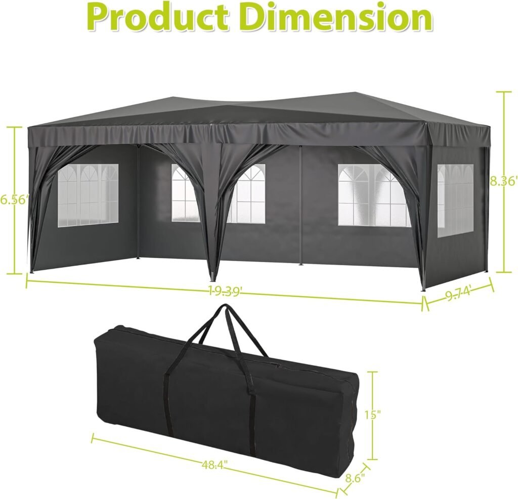 ACQCA 10x20 Pop Up Canopy with 6 Removable Sidewalls,Outdoor Portable Gazebo with Carry Bag,Party Event Tent for Wedding,Patio,Camping,Black