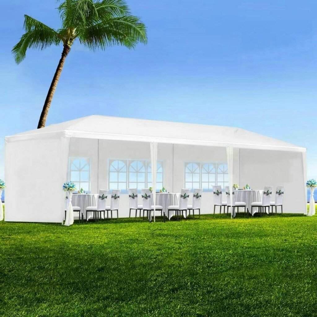 ACQCA 10x30 Canopy Tent for Parties, Outdoor Gazebo with 5 Removable Sidewalls and Transparent Windows for Wedding,Camping, Easy to Assemble,White