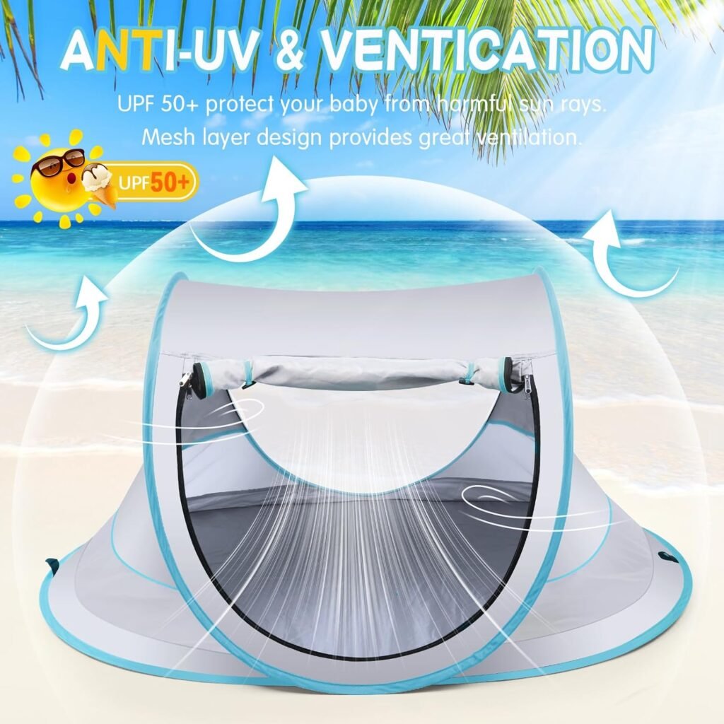 Baby Beach Tent,Large Pop Up Beach Tent Sun Shade for Beach,Portable Baby Travel Tent with Mosquito Net,Indoor Baby Play Tent,UPF 50+ UV Protection Sun Shelters