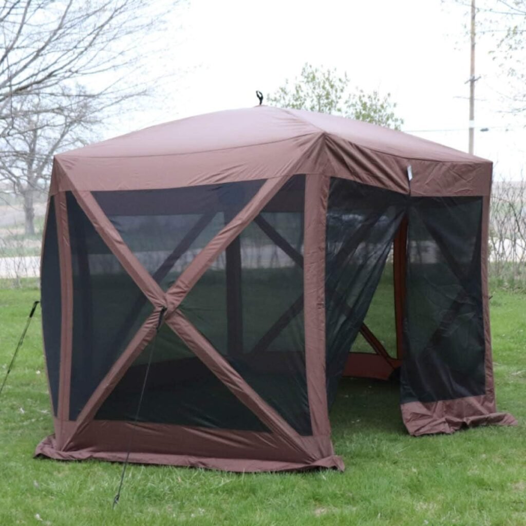 BACKYARD EXPRESSIONS PATIO · HOME · GARDEN 905443-NW Backyard Expressions 12 x 12 Pop Up 6 Sided Portable Hub Gazebo Screen Canopy Tent with Ground Stakes  Carry Bag, Brown