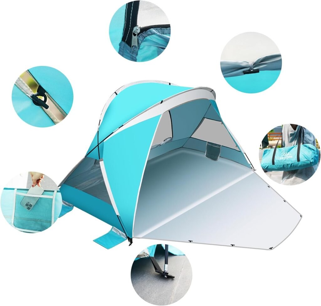 Beach Tent, Portable Beach Shade Tent for 3-4 Person, UPF 50+ UV Waterproof Lightweight  Easy Setup Sun Shade Canopy with Carrying Bag for Outdoor Camping Fishing