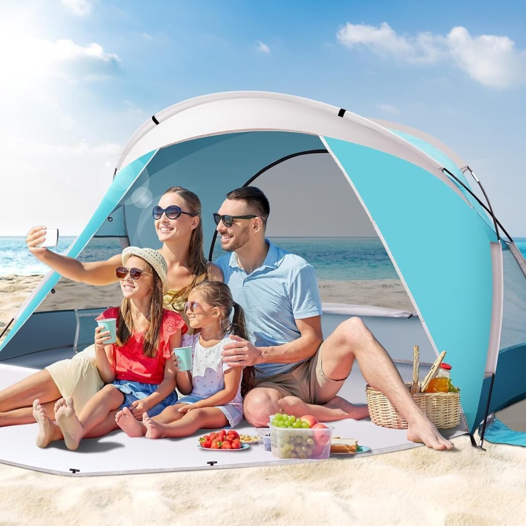 Beach Tent, Portable Beach Shade Tent for 3-4 Person, UPF 50+ UV Waterproof Lightweight  Easy Setup Sun Shade Canopy with Carrying Bag for Outdoor Camping Fishing