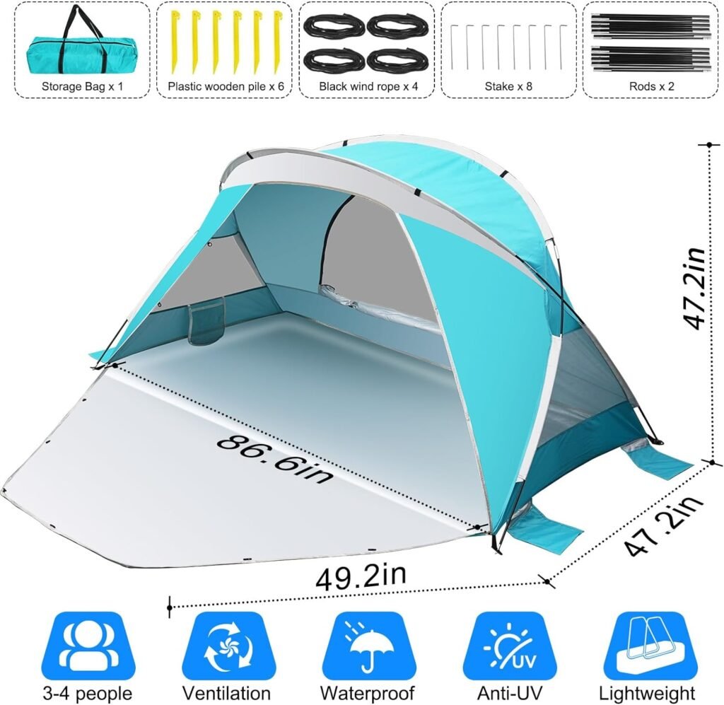 Beach Tent, Portable Beach Shade Tent for 3-4 Person, UPF 50+ UV Waterproof Lightweight  Easy Setup Sun Shade Canopy with Carrying Bag for Outdoor Camping Fishing