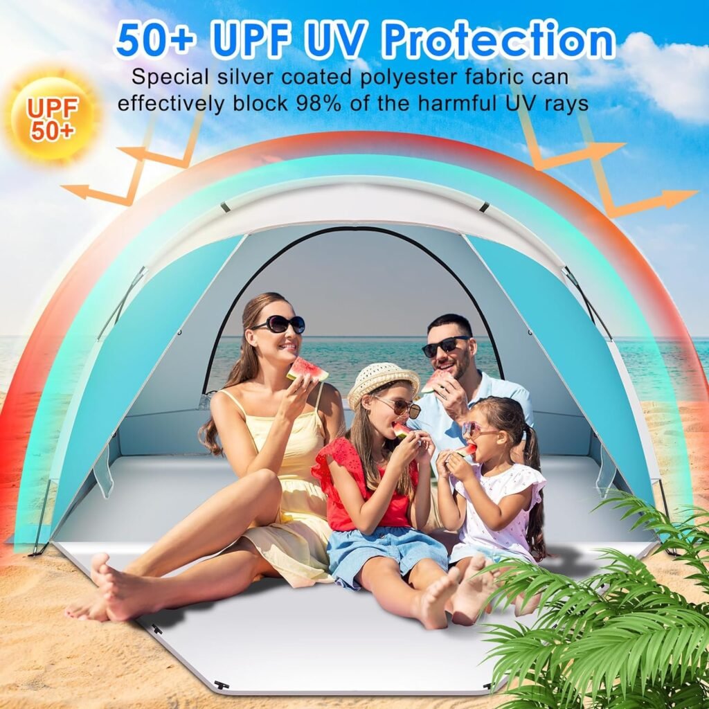 Beach Tent, Portable Beach Shade Tent for 3-4 Person, UPF 50+ UV Waterproof Lightweight  Easy Setup Sun Shade Canopy with Carrying Bag for Outdoor Camping Fishing