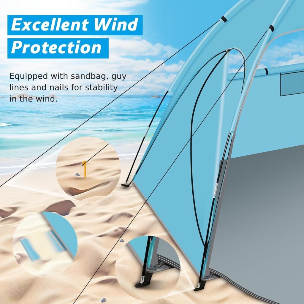 Beach Tent Sun Shelter, Beach Shade Tent with UPF 50+ UV Protection for 2-3 Person, Portable  Easy Setup Cabana Beach Tent, 3 Roll Up Doors  8mm Fiberglass Rods, Carry Bag Included