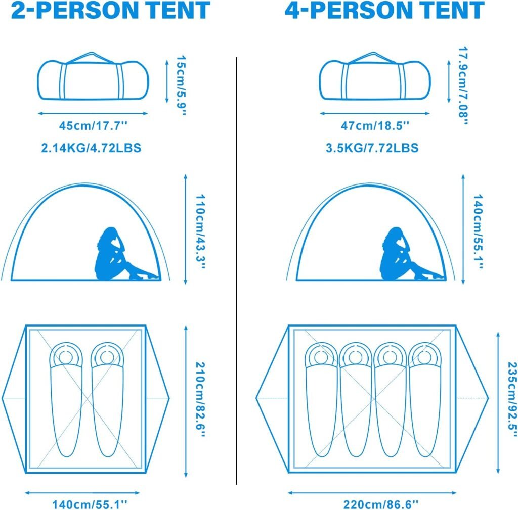 BISINNA 2/4 Person Camping Tent Lightweight Backpacking Tent Waterproof Windproof Two Doors Easy Setup Double Layer Outdoor Tents for Family Camping Hunting Hiking Mountaineering Travel