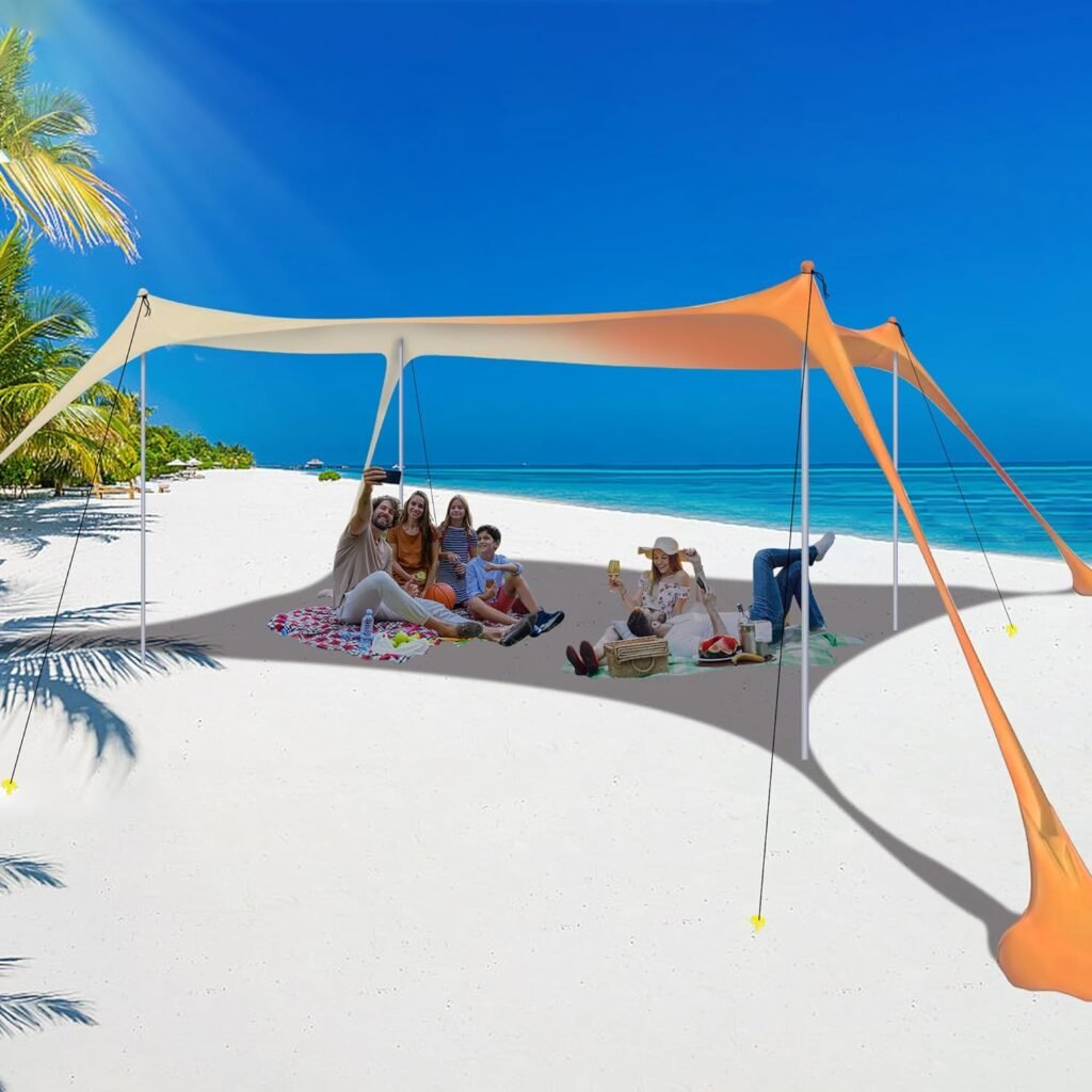 BOTINDO Family Beach Tent Canopy Sun Shade, Pop Up Grande Beach Tent Sun Shelter Stability 4 Poles with Portable Carry Bag Outdoor Shade for Beach Fishing Backyard Camping Picnics