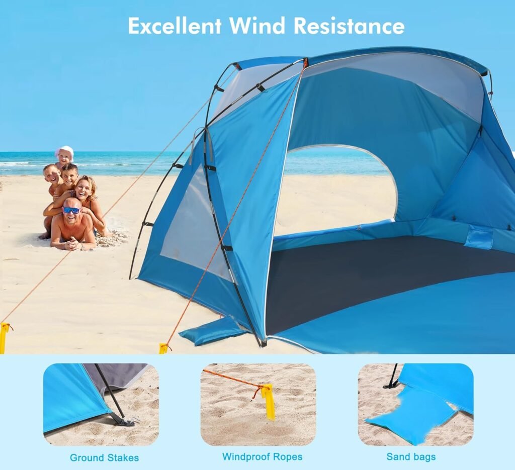 Calen Beach Tent,Beach Canopy Shade Tent with UPF 50+UV Protection for 3-4 Person, Waterproof Portable Easy Setup Beach Sun Shelter Tent for Outdoor Adventures, Camping, and Picnics with Carrying Bag