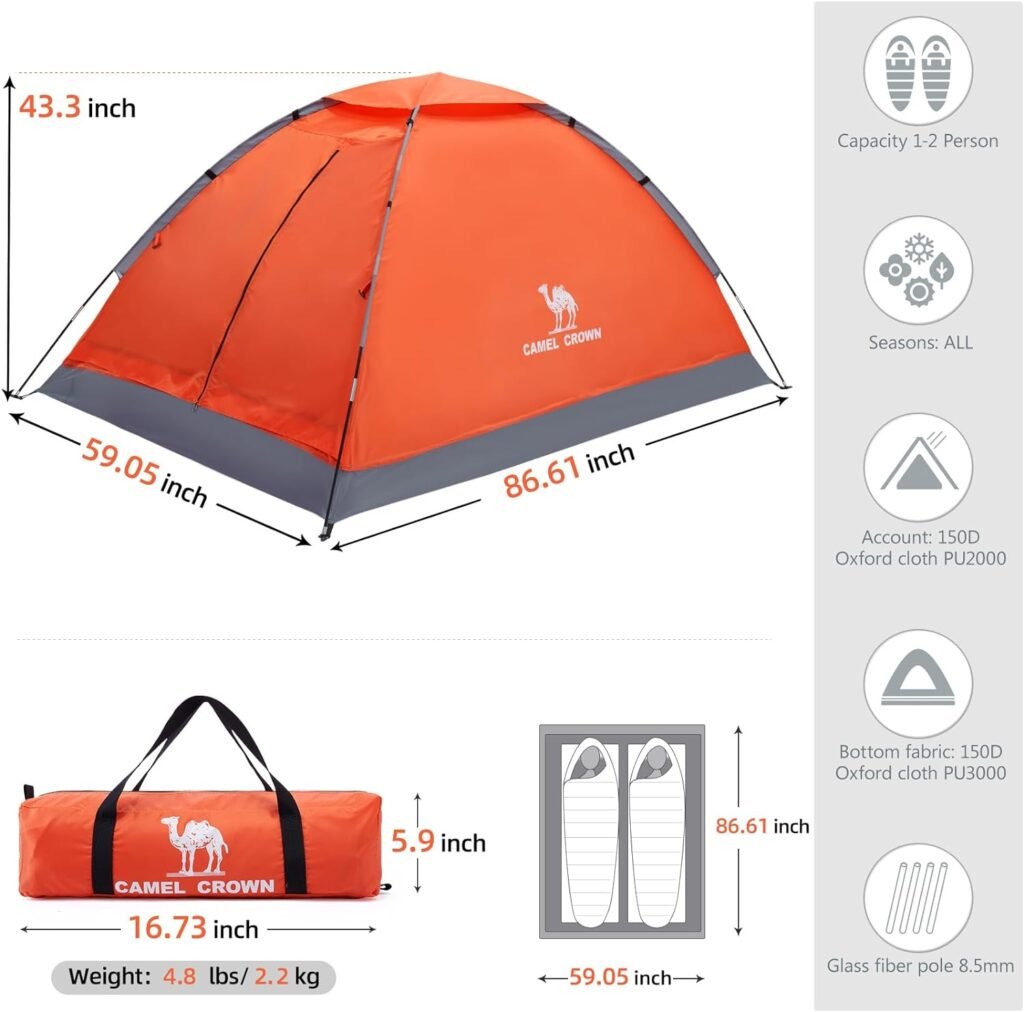 CAMEL CROWN 2/3/4 Person Camping Tent with Removable Rain Fly, Easy Setup Outdoor Tents Water Resistant Lightweight Portable for Family Backpacking Camping Hiking Traveling