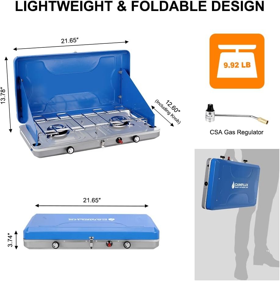 Camplux Camping Stove 20,400 BTU, 1 Grill  2 Burners Propane Stove for Outdoor Cooking