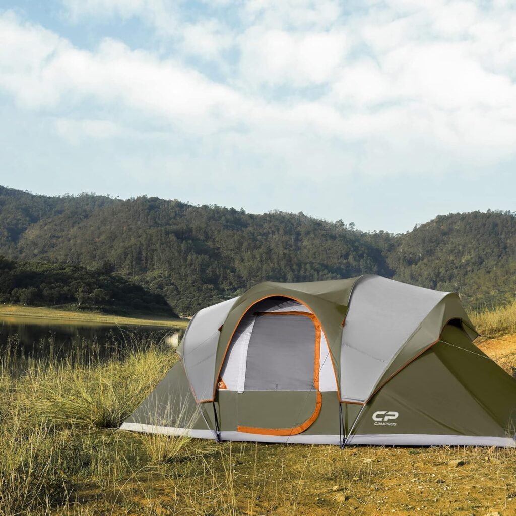 CAMPROS CP Tent 9 Person Camping Tents, 2 Room Water Resistant Family Tent with Top Rainfly, 4 Large Mesh Windows, Double Layer, Easy Set Up, Portable with Carry Bag