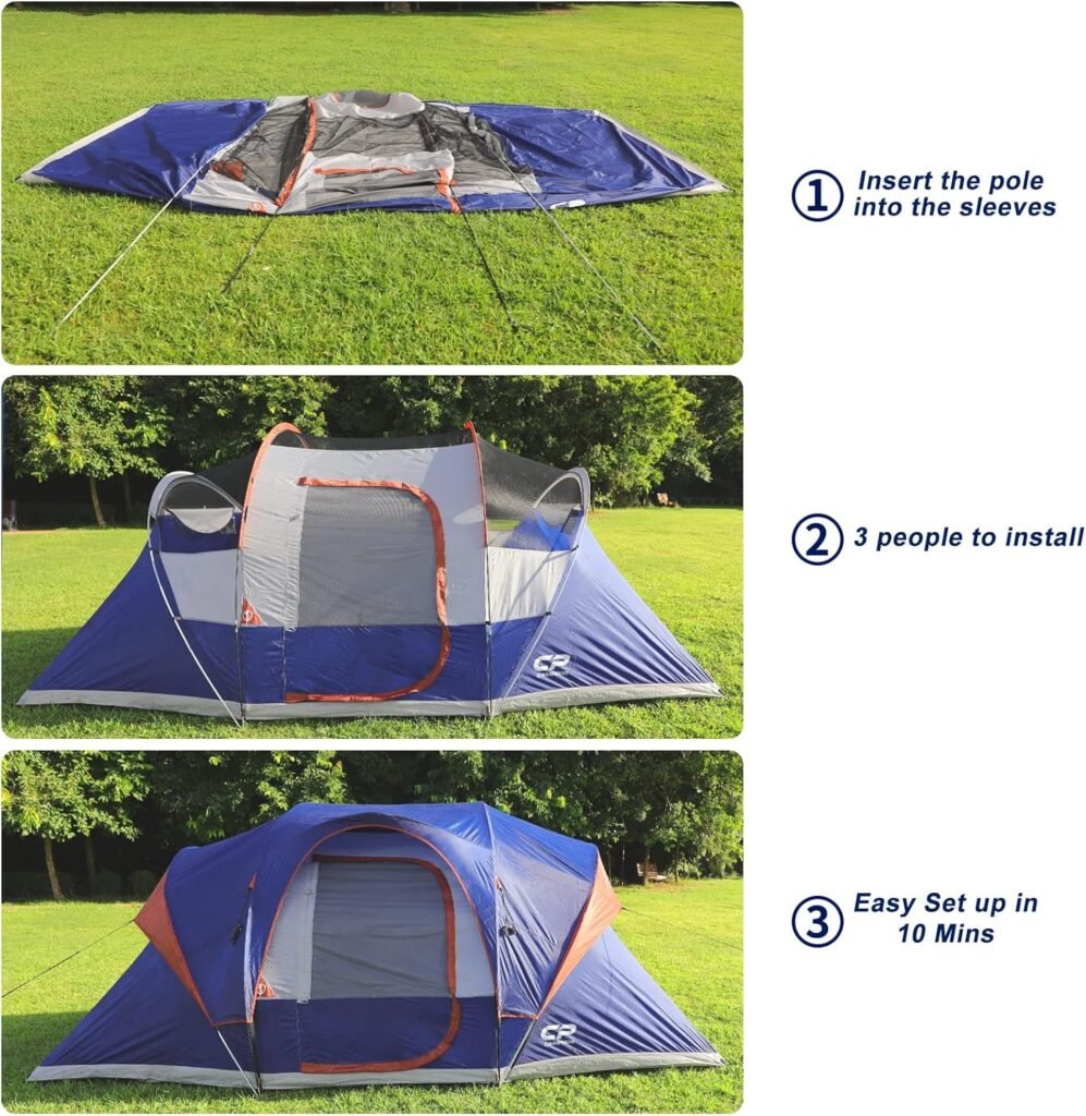 CAMPROS CP Tent 9 Person Camping Tents, 2 Room Water Resistant Family Tent with Top Rainfly, 4 Large Mesh Windows, Double Layer, Easy Set Up, Portable with Carry Bag