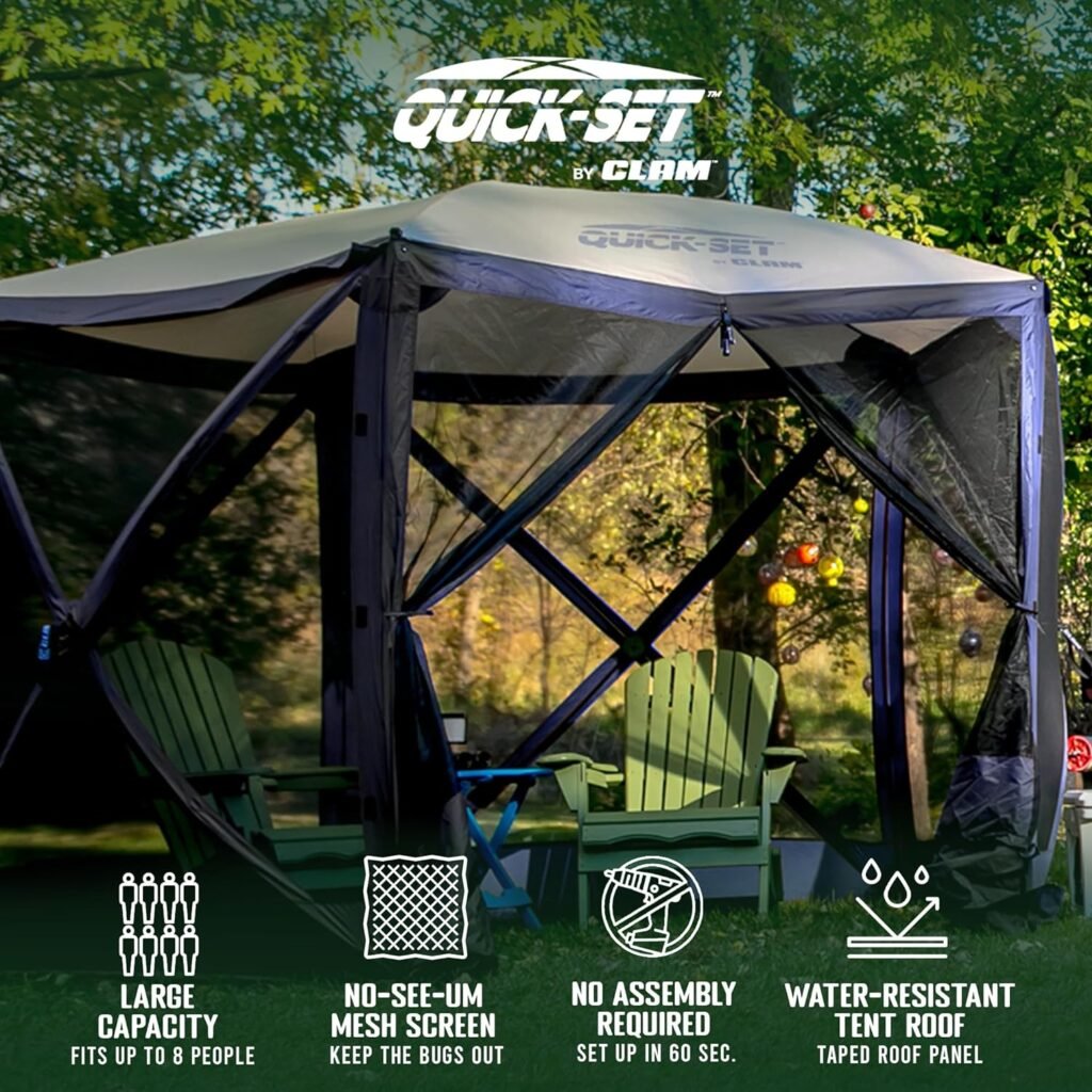 CLAM Quick-Set Pavilion 12.5’ x 12.5’ Pop-Up Outdoor Camping Gazebo Instant Screen Tent Canopy Shelter with Built-in Wind Panels  Carry Bag, Gray