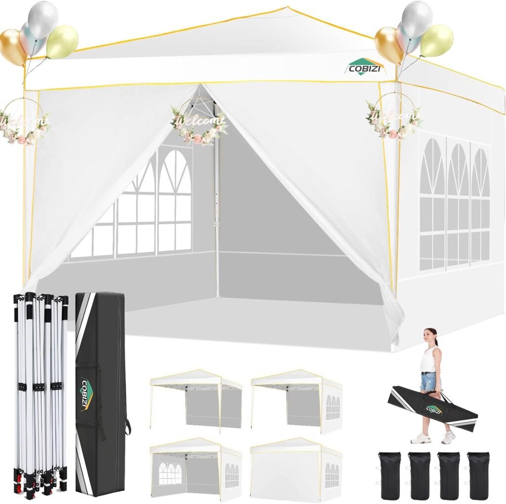 COBIZI 10x10 Canopy with 4 Removable Sidewalls,Pop Up Canopy Tent for Parties Waterproof Wedding Event Canopy,Instant Outdoor Gazebos with Church Window,Carry Bag,4 Stakes,Ropes  Sandbags,White