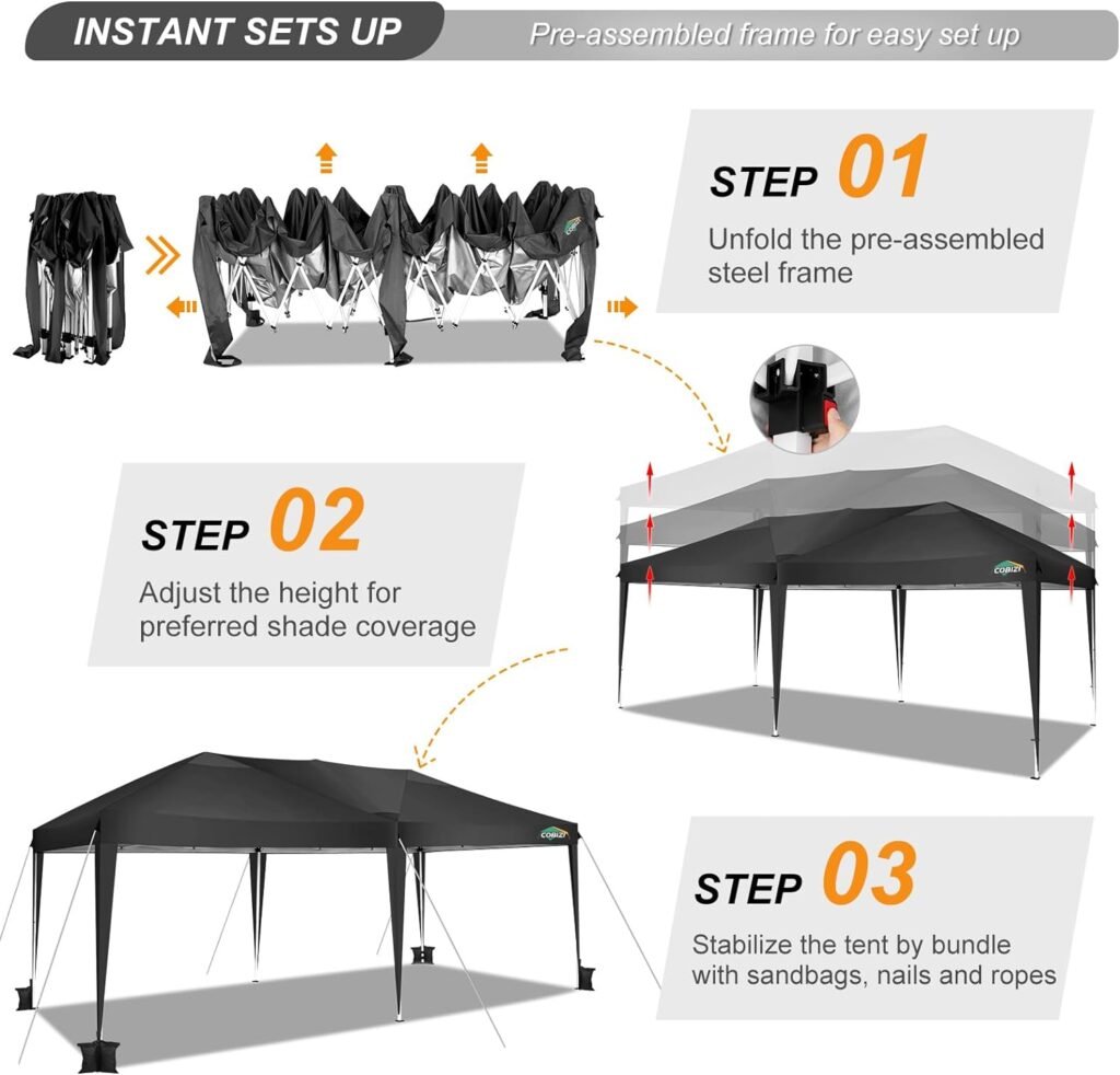 COBIZI Canopy 10x20 Pop Up Canopy Tent 10x20ft Waterproof Party Tent Ez Up Canopy Tents for Parties Wedding Outdoor Commercial Event Gazebo Portable Instant Tent for Backyard Camping Carport, Black