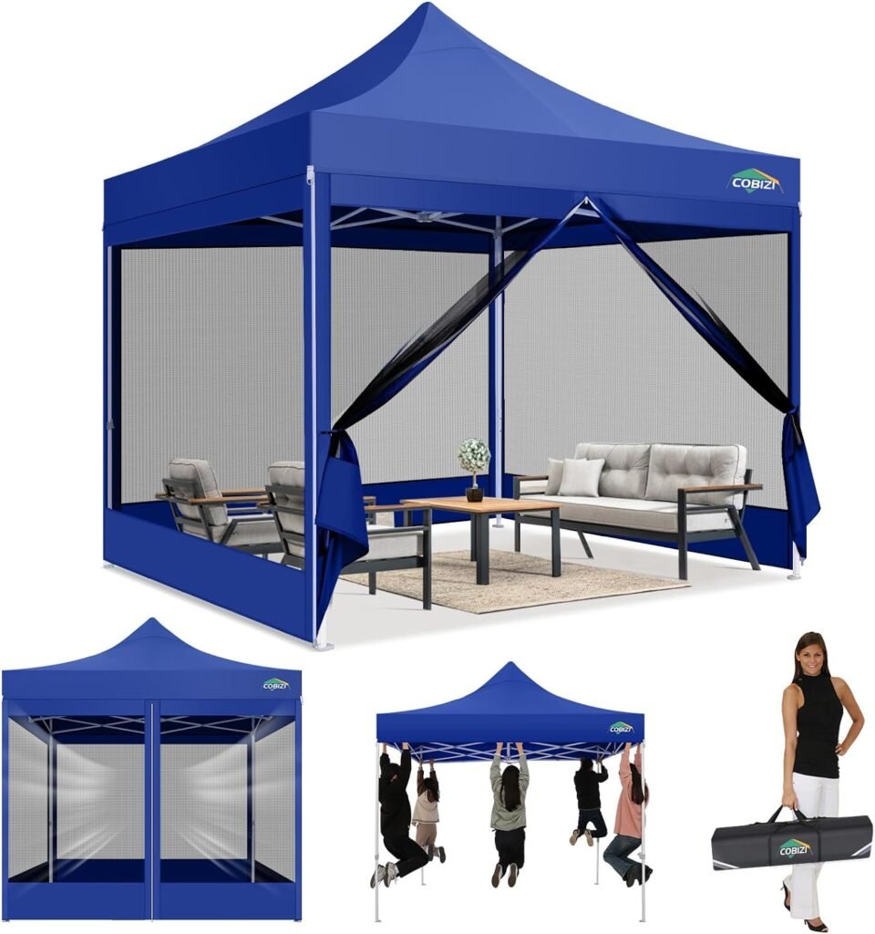 COBIZI Canopy Tent 10x10 Heavy Duty Pop Up Canopy with Sidewalls Waterproof,Easy to Set up Gazebo with Mosquito Netting Outdoor Mesh Screen Tents for Parties Wedding Party with Carry Bag, Dark Blue