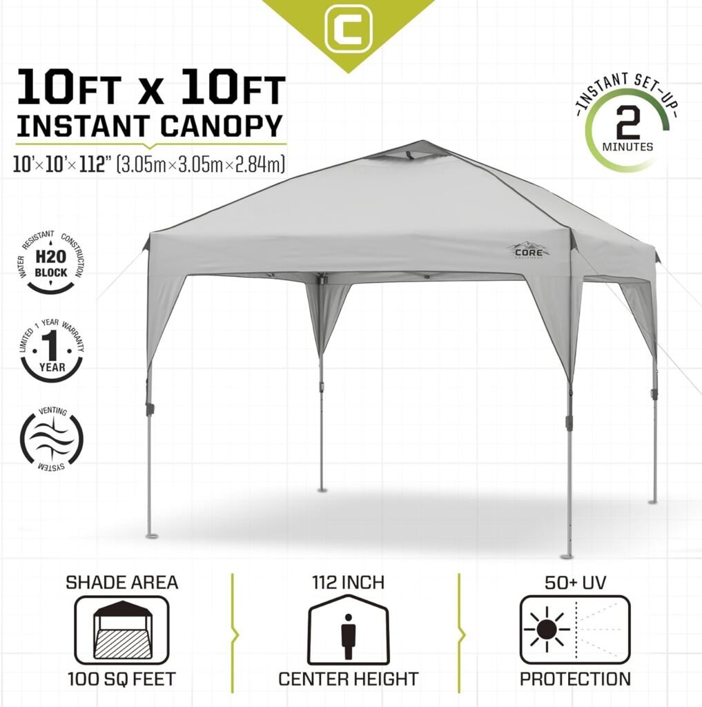 Core 10 x 10 Instant Shelter Pop-Up Canopy Tent with Wheeled Carry Bag, Grey