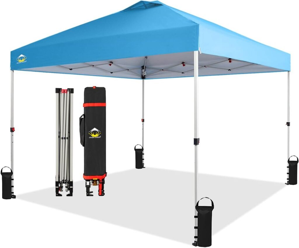 CROWN SHADES 10x10 Pop Up Canopy, Patented Center Lock One Push Instant Popup Outdoor Canopy Tent, Newly Designed Storage Bag, 8 Stakes, 4 Ropes, Sky Blue