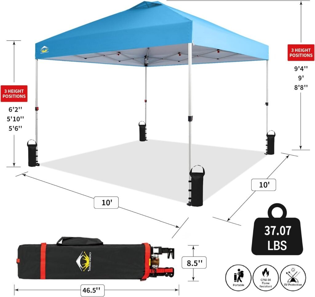 CROWN SHADES 10x10 Pop Up Canopy, Patented Center Lock One Push Instant Popup Outdoor Canopy Tent, Newly Designed Storage Bag, 8 Stakes, 4 Ropes, Sky Blue