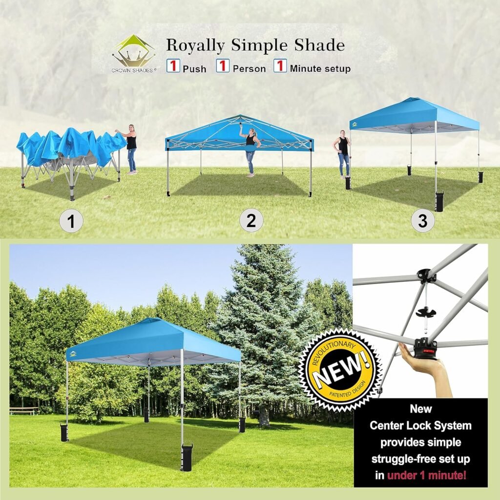 CROWN SHADES 10x10 Pop Up Canopy, Patented Center Lock One Push Instant Popup Outdoor Canopy Tent, Newly Designed Storage Bag, 8 Stakes, 4 Ropes, Sky Blue