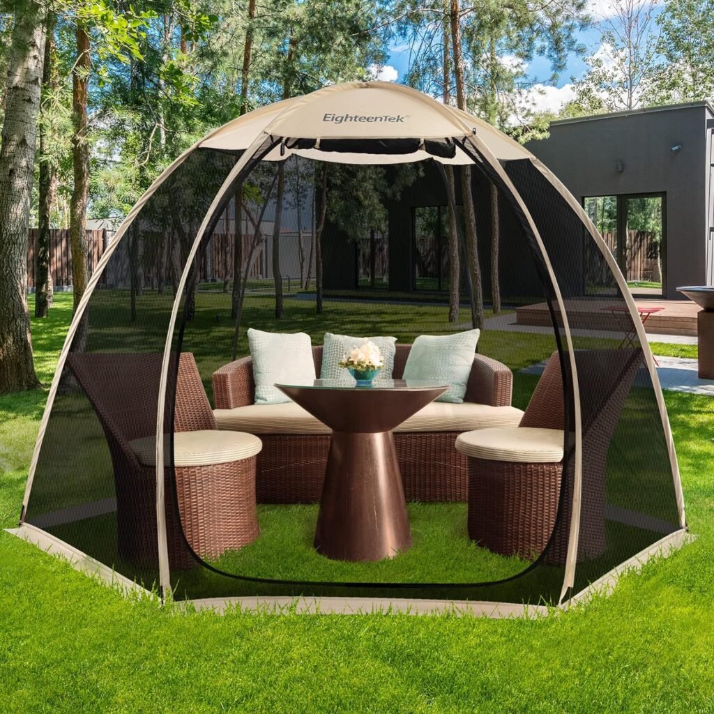 EighteenTek Screen House Room Pop Up Gazebo Outdoor Camping Canopy Tent Sun Shade Shelter Mesh Walls Not Waterproof 10’x10’ Beige