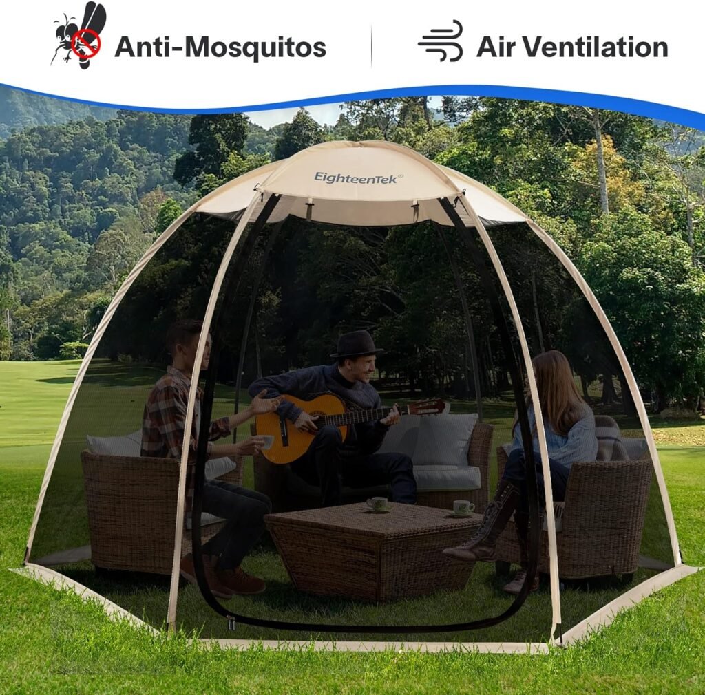 EighteenTek Screen House Room Pop Up Gazebo Outdoor Camping Canopy Tent Sun Shade Shelter Mesh Walls Not Waterproof 10’x10’ Beige