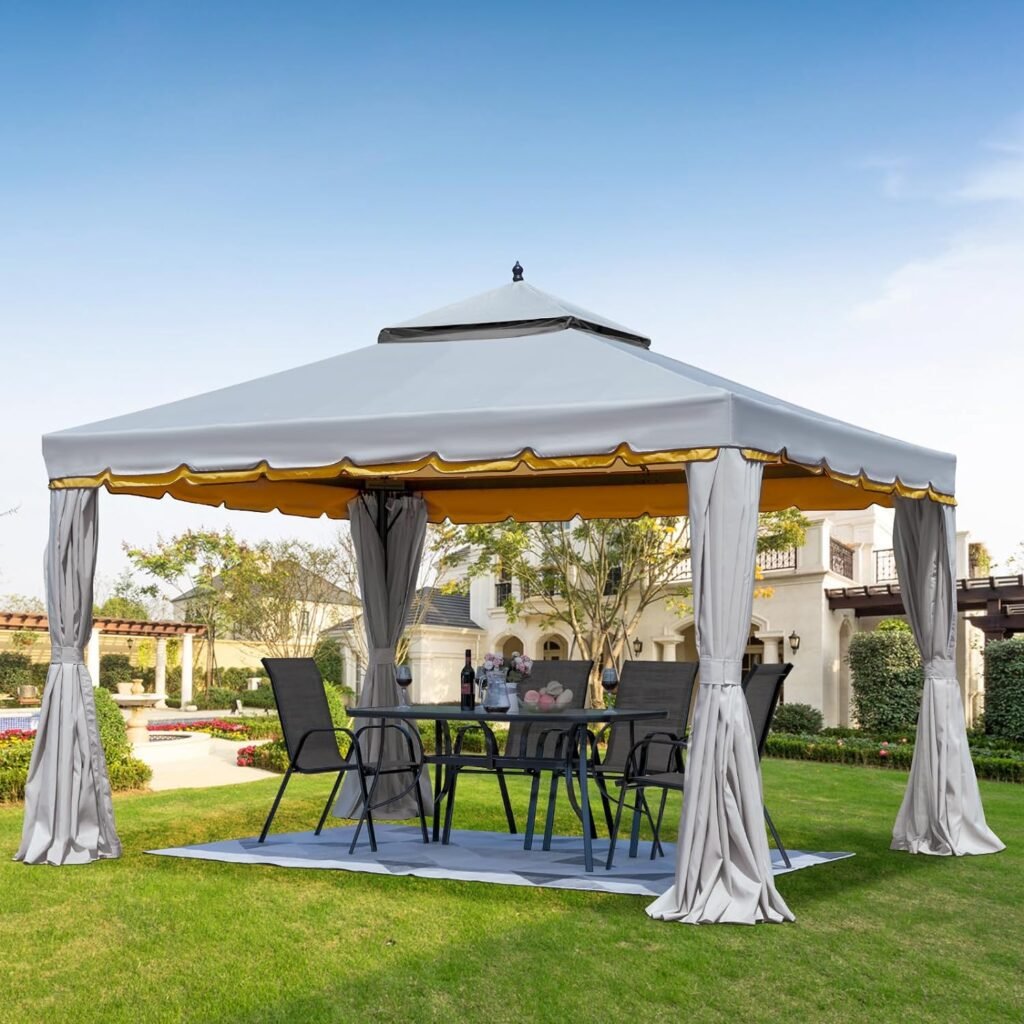 Erommy 12 x 12 Outdoor Canopy Gazebo, Double Roof Patio Gazebo Steel Frame with Netting and Shade Curtains for Garden,Patio,Party Canopy, Grey