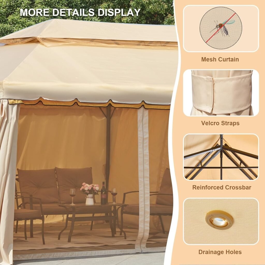 Erommy 12 x 12 Outdoor Canopy Gazebo, Double Roof Patio Gazebo Steel Frame with Netting and Shade Curtains for Garden,Patio,Party Canopy, Grey