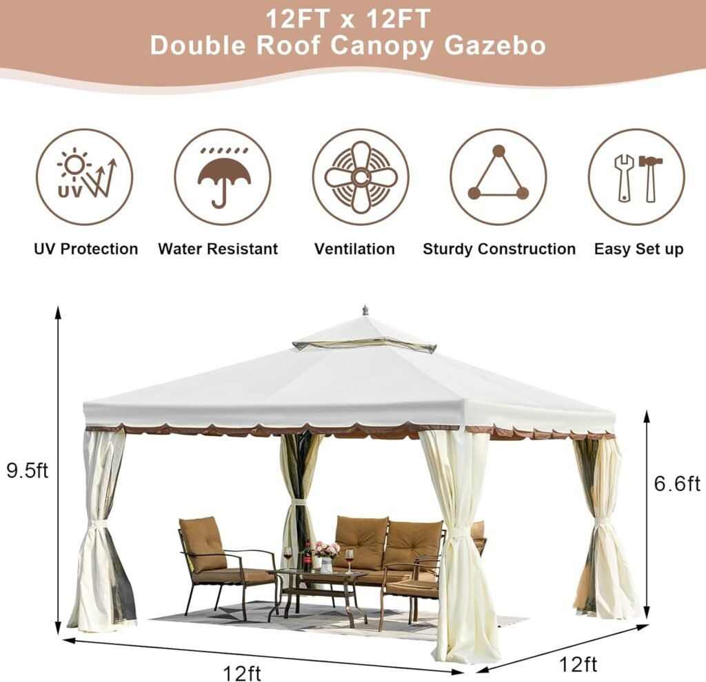 Erommy 12 x 12 Outdoor Canopy Gazebo, Double Roof Patio Gazebo Steel Frame with Netting and Shade Curtains for Garden,Patio,Party Canopy, Grey