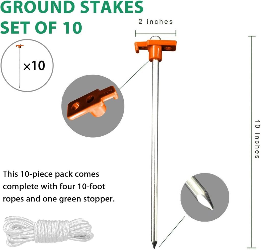 Eurmax USA Galvanized Non-Rust Camping Family Tent Pop Up Tent Stakes Ice Tools Heavy Duty 10pc-Pack, with 4x10ft Ropes  1 Orange Stopper