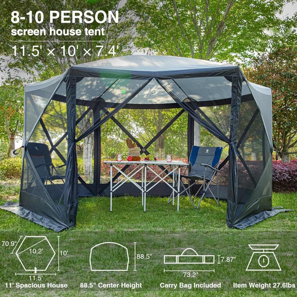 EVER ADVANCED Pop Up Gazebo Screen House Tent for Camping 11.5 ft for 8-10 Person Instant Canopy Shelter with Netting Portable for Outdoor, Backyard