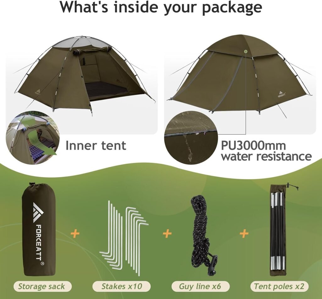 Forceatt Tent for 1-2 Person PU3000mm Water Resistance Camping Tent Lightweight Tent with Vestibule Suitable for Camping Hiking Scout Easy Setup