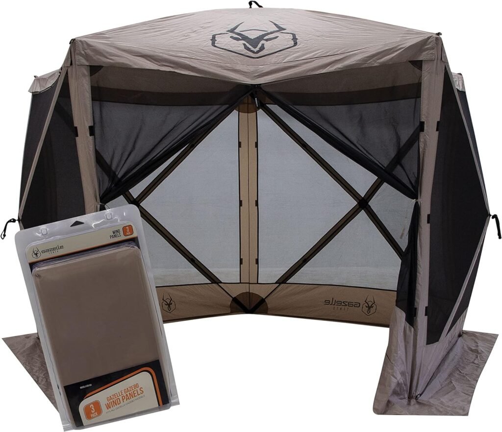 Gazelle Tents™, G5 5-Sided Portable Gazebo, Easy Pop-Up Hub Screen Tent, Waterproof, UV Resistant, 4-Person  Table, Desert Sand, 85 x 115 x 106, GK907, Includes Free 3 Pack of Wind Panels