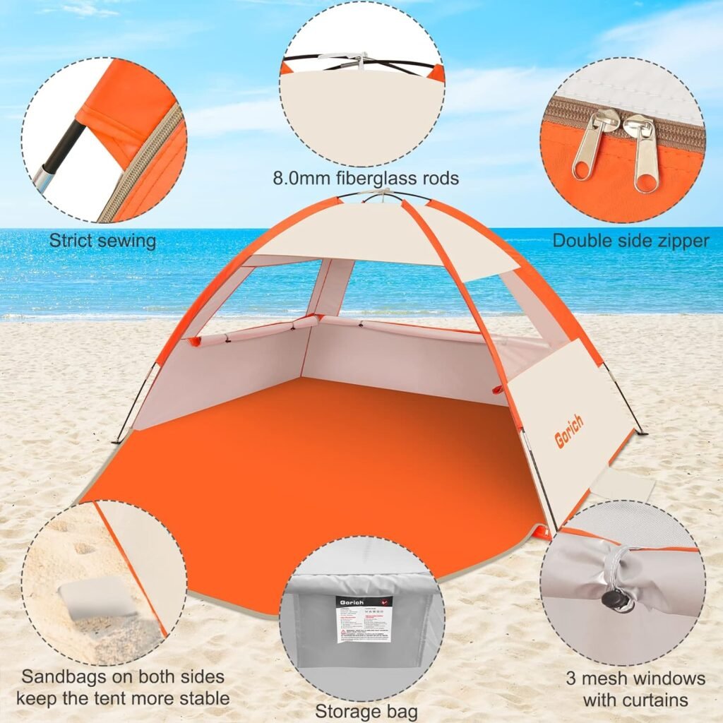 Gorich Beach Tent, Beach Shade Tent for 3/4-5/6-7/8-10 Person with UPF 50+ UV Protection, Portable Beach Tent Sun Shelter Canopy, Lightweight  Easy Setup Cabana Beach Tent