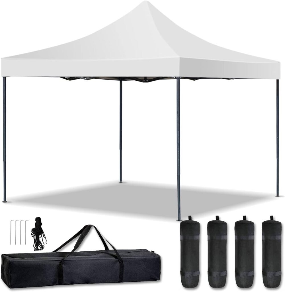 HCY Canopy Tent 10 x Pop Up Ez Sun Shade with Backpack, 4 Sand Weights Bags, Steel Stakes Gazebos for Outdoor, Wedding ,Party, Camping, Picnics (White) 118 129 inch