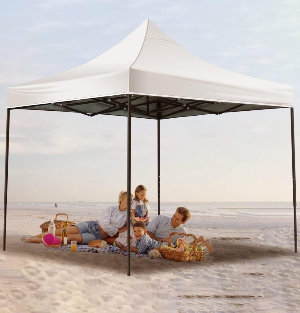 HCY Canopy Tent 10 x Pop Up Ez Sun Shade with Backpack, 4 Sand Weights Bags, Steel Stakes Gazebos for Outdoor, Wedding ,Party, Camping, Picnics (White) 118 129 inch