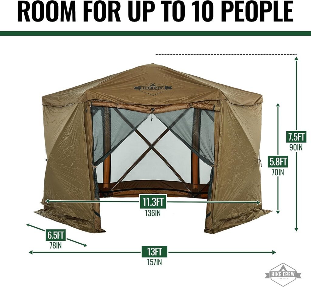 Hike Crew 13’ x 13’ Screened Roof Pop-Up Gazebo Screen Tent | 6-Sided Outdoor Canopy Shelter w/Roof Cover, Built-in Zippered Panels, Built-in Awning, Stakes, Ropes  Carry Bag | UV Resistant SPF 50+